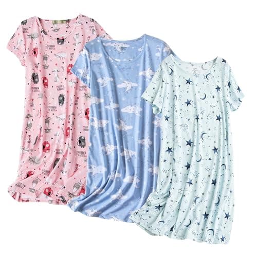 Inadays 3 Pack Women's Cotton Short Sleeve Nightgown Fun Print Sleepwear