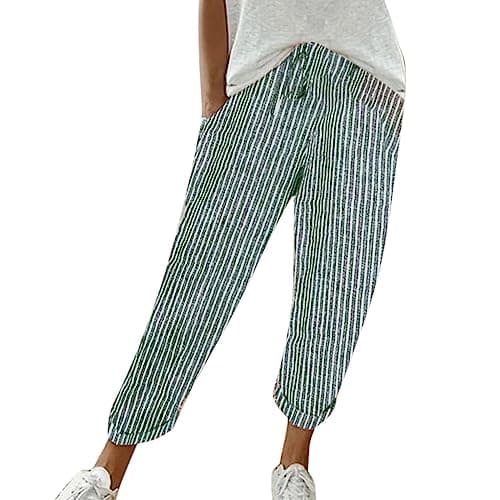 Women's Striped Linen Capri Pants with Elastic Waist and Pockets