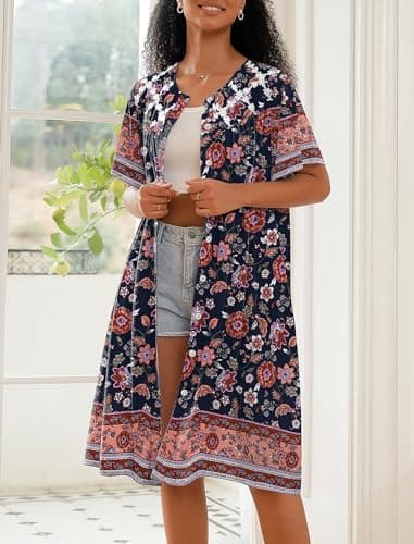 Ekouaer Women's Button Down Short Sleeve House Dress with Pockets S-4XL