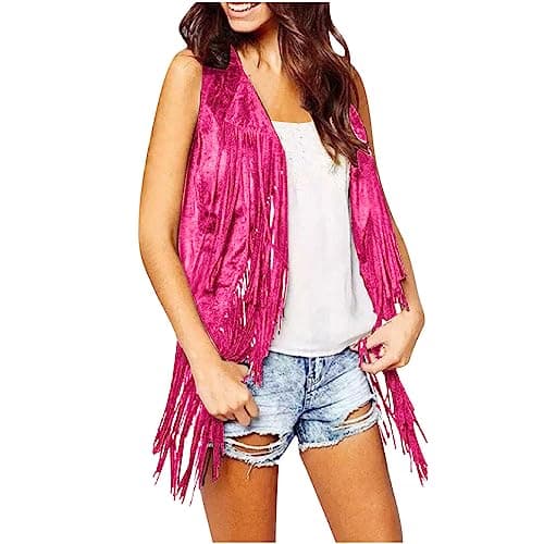 Pink Fringe Leather Vest Jacket - Faux Suede, Open Front Coat