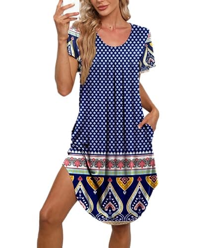 Bestshow Women's Pleated Front Loose Fit Short Sleeve Nightgown with Hand Pockets (S-5XL)