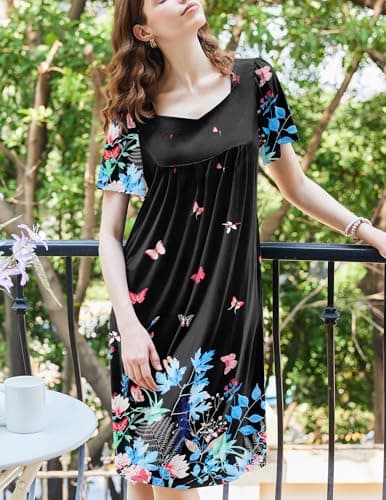 Ekouaer Women's Pleated Nightgown - Short Sleeves & Pockets