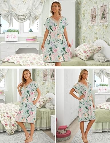 Women's Cotton Nightgown with Pockets and Lace V Neck for Bloggerlove