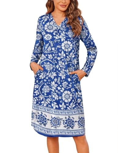 Ekouaer Women's Long Sleeve Nightgown with Pockets