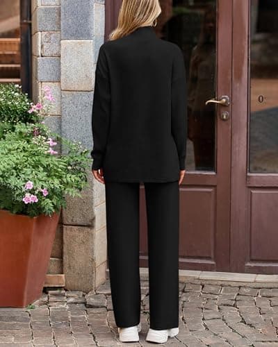 Dowerme Women's High Neck Chunky Knit SetWide Leg Pant Loungeewear Set