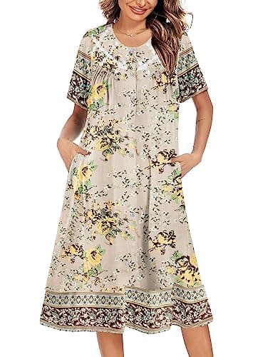 Ekouaer Women's Button Down Short Sleeve House Dress with Pockets S-4XL