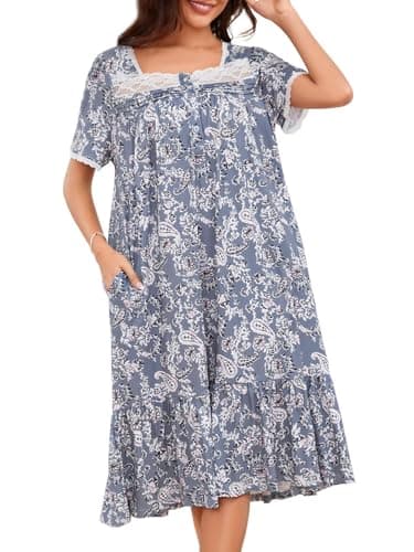 Cripom Women's Long Nightgowns with Lace Collar & Floral Print Pockets S-3XL
