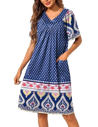 Ekouaer Womens Floral Print Pocket Nightgown Mumu Dress