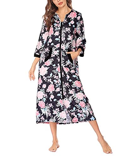 Ekouaer Women's Full Length Zipper Robe Sleepwear