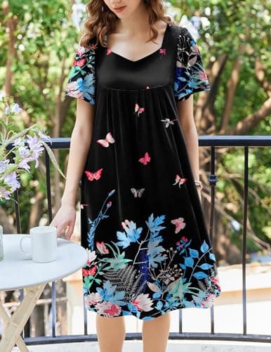 Ekouaer Women's Pleated Nightgown - Short Sleeves & Pockets