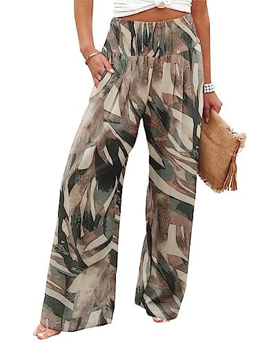 Angerella Women's High Waist Elastic Palazzo Pants with Pockets