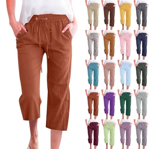 Nantdog Women's High-Waisted Drawstring Linen Capri Trousers
