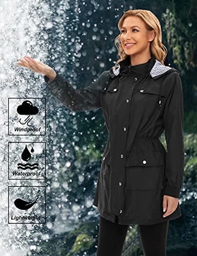 Bloggerlove Striped Rain Jacket with Plaid Lining Rain Jacket Black XL (Bundle)