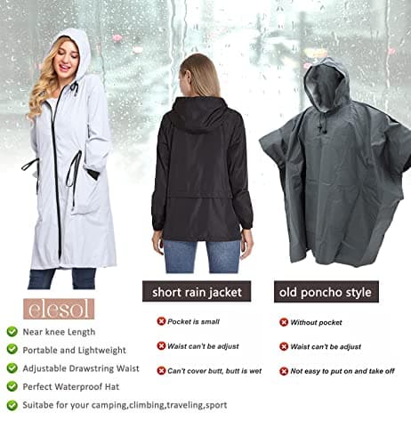 ELESOL Women's Waterproof Long Hooded Raincoat Light & Travel Trench Coat S-3XL