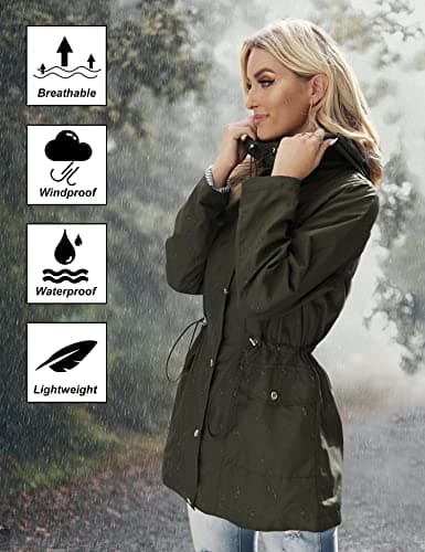 Women's Waterproof Lightweight Rain Jacket with Hood in Army Green