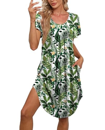 Bestshow Women's Pleated Front Loose Fit Short Sleeve Nightgown with Hand Pockets (S-5XL)