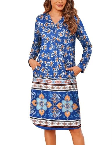 Ekouaer Women's Long Sleeve Nightgown with Pockets