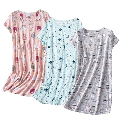 Inadays 3 Pack Women's Cotton Short Sleeve Nightgown Fun Print Sleepwear