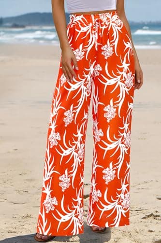 CFLONGE Wide Leg Floral Palazzo Pants for Women High Waist Flowy Boho Trousers with Pockets