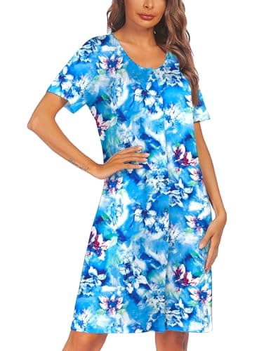 Ekouaer Women's Short Sleeve Pleated Nightgown - Button Down Snap Front S-2XL