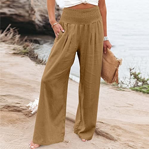 besiyes Women's Linen Wide Leg Palazzo Pants with Pockets