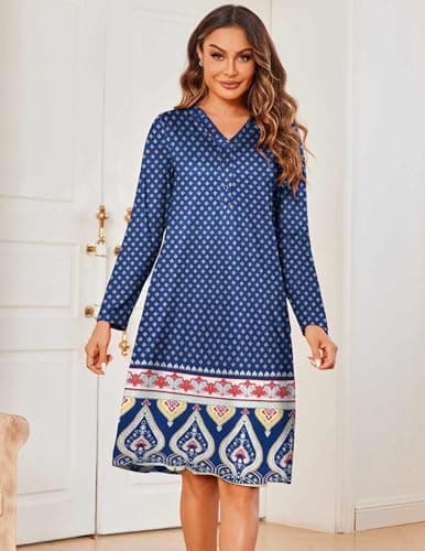 Ekouaer Women's Long Sleeve Nightgown with Pockets