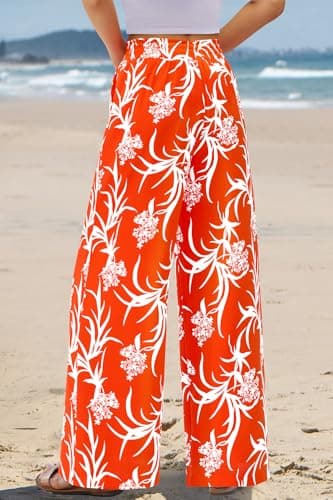 CFLONGE Wide Leg Floral Palazzo Pants for Women High Waist Flowy Boho Trousers with Pockets