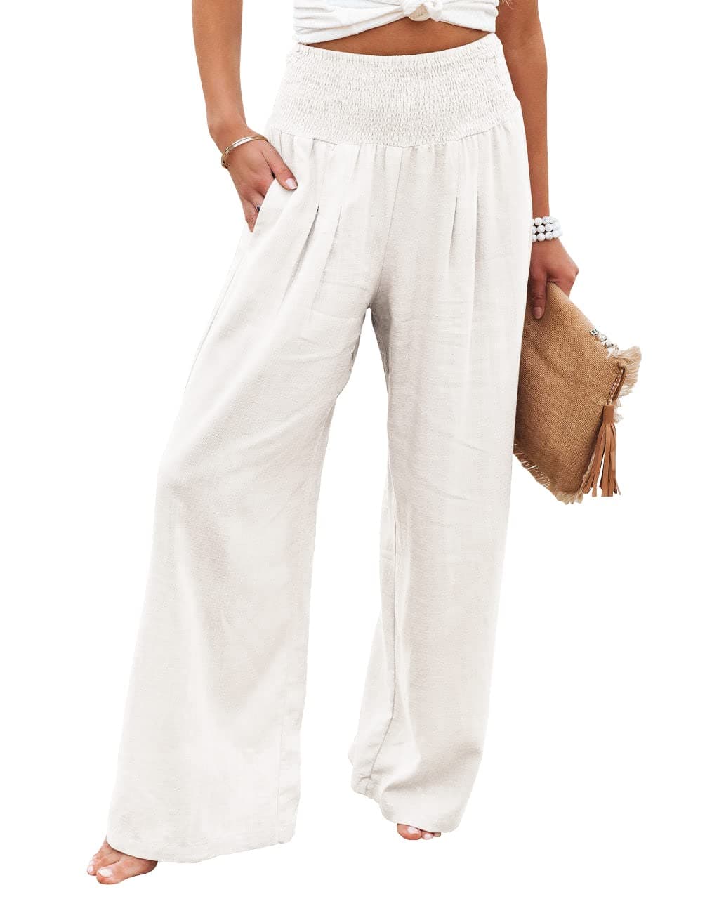 Chouuya Women's Smocked High-Waisted Cotton Linen Palazzo Pants Wide Leg with Pockets