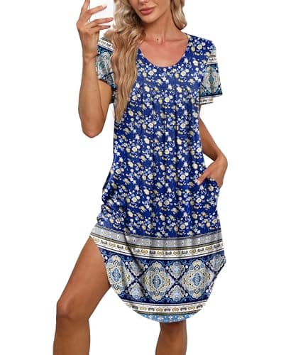 Bestshow Women's Pleated Front Loose Fit Short Sleeve Nightgown with Hand Pockets (S-5XL)