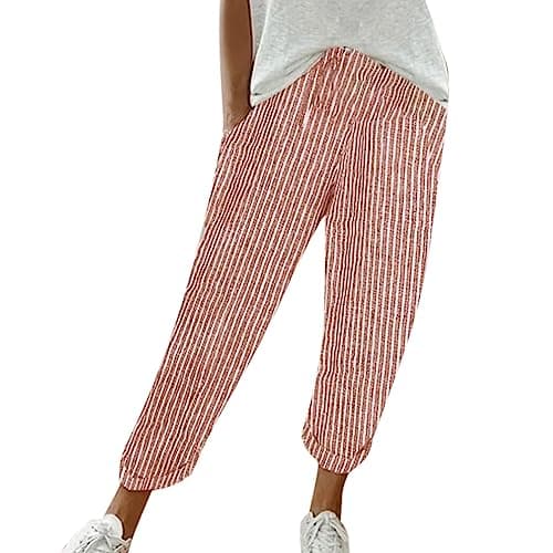 Women's Striped Linen Capri Pants with Elastic Waist and Pockets