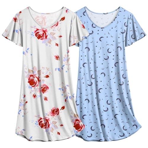Ekouaer Women's Flare Short Sleeve V-Neck Nightgown 2-Pack S-2XL