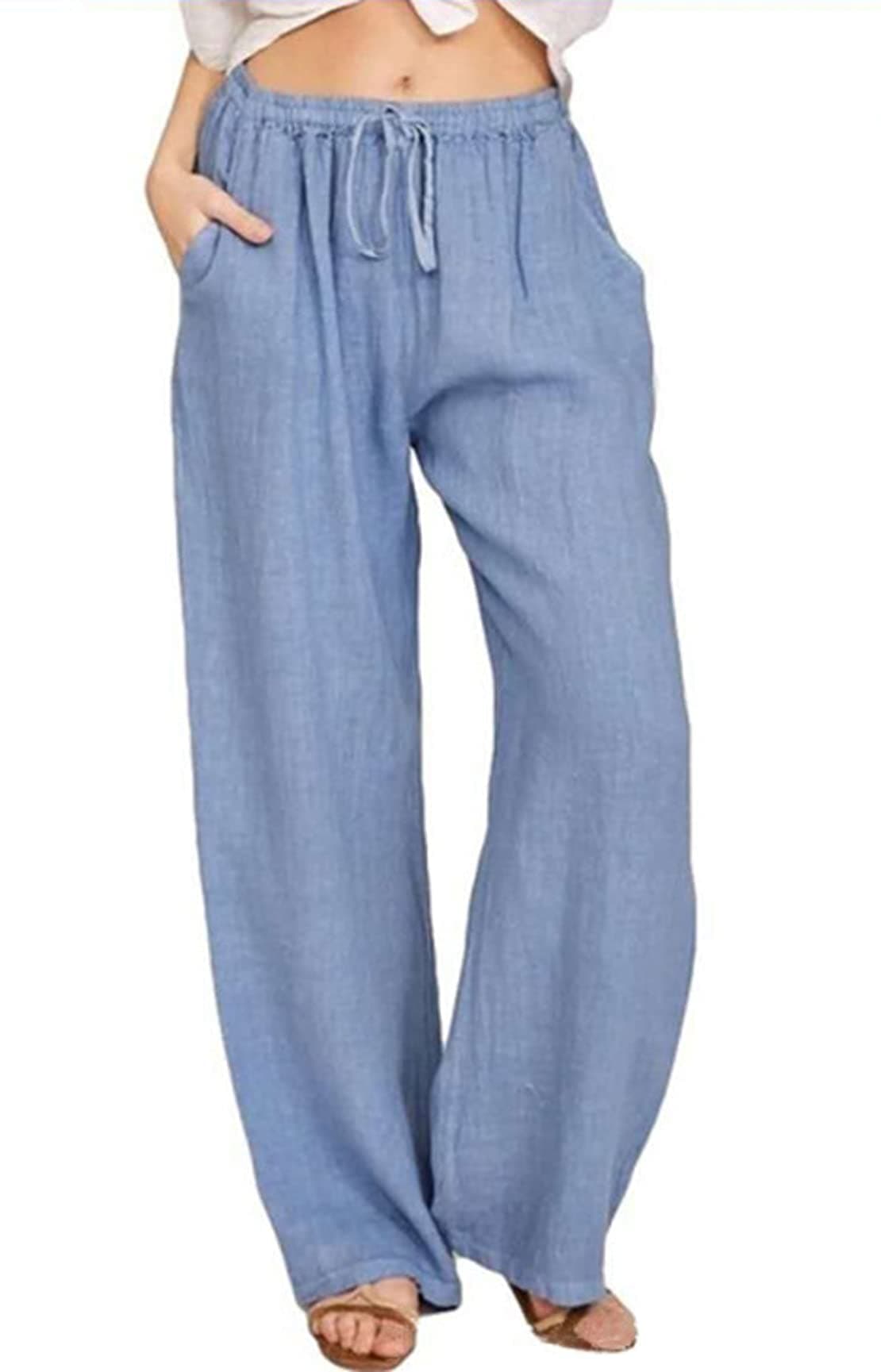 Loveimgs Women's Casual Wide Leg Lightweight Summer Linen Pants with Drawstring Waist