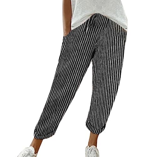 Women's Striped Linen Capri Pants with Elastic Waist and Pockets