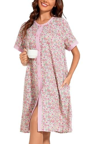 YOZLY Women's Pocketed Short Sleeve House Dress Robe