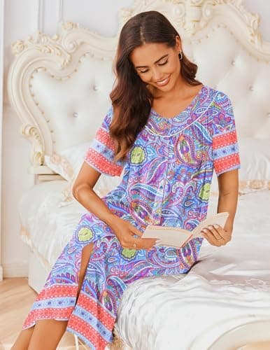 Ekouaer Women's Short Sleeve Floral House Dress with Pockets
