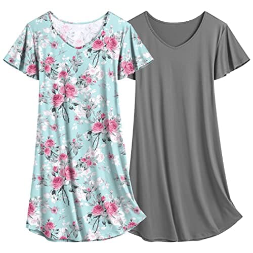 Ekouaer Women's Flare Short Sleeve V-Neck Nightgown 2-Pack S-2XL