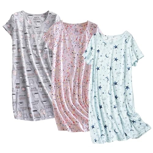 Inadays 3 Pack Women's Cotton Short Sleeve Nightgown Fun Print Sleepwear
