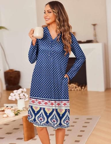 Ekouaer Women's Long Sleeve Nightgown with Pockets