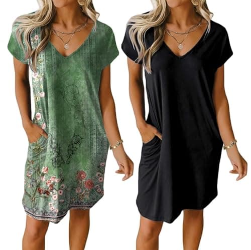 Ekouaer Womens V Neck Short Sleeve Nightgown with Pockets Plain/Floral
