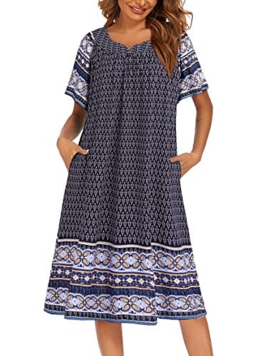 Ekouaer Womens Flower Print Nightgown Short Sleeve House Dress with Pockets