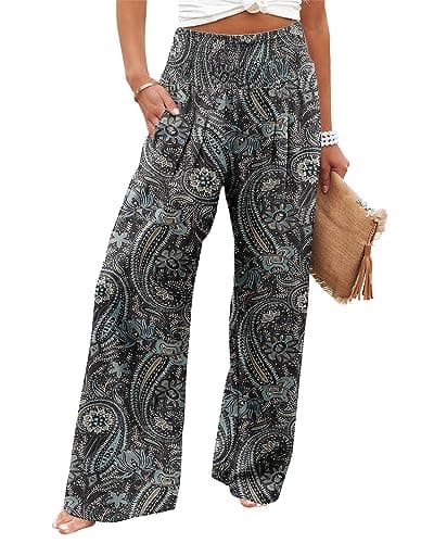 Angerella Women's High Waist Elastic Palazzo Pants with Pockets
