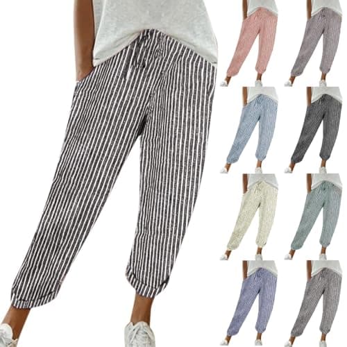 Women's Striped Linen Capri Pants with Elastic Waist and Pockets