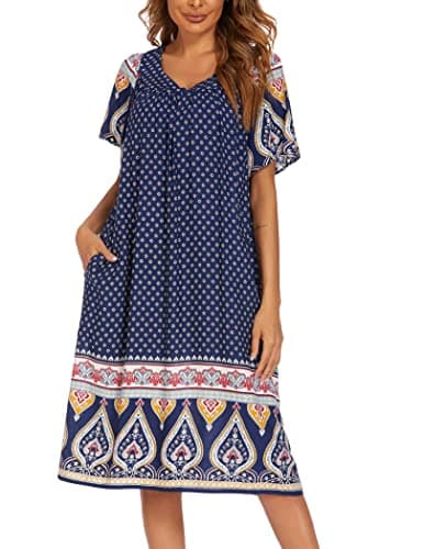 Ekouaer Womens Flower Print Nightgown Short Sleeve House Dress with Pockets