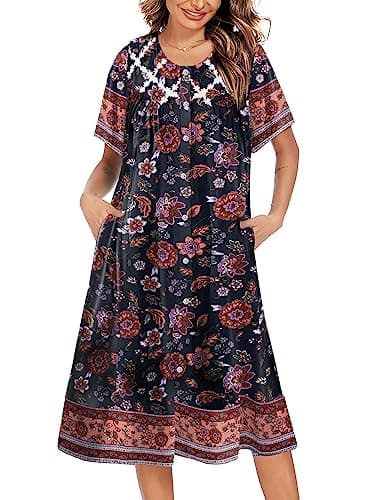 Ekouaer Women's Button Down Short Sleeve House Dress with Pockets S-4XL