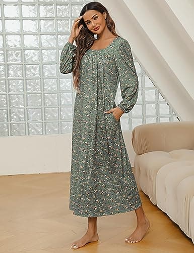 Marvmys Women's Long Sleeve Cotton Nightgown with Pocket S-XXL