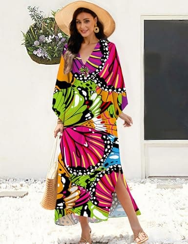 MAKABO V Neck Colorful Print Caftan Dresses for Women Beach Volley Beach Day Sun Protection