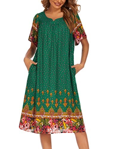 Ekouaer Womens Flower Print Nightgown Short Sleeve House Dress with Pockets