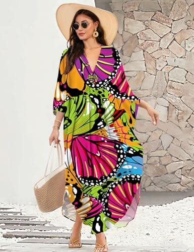 MAKABO V Neck Colorful Print Caftan Dresses for Women Beach Volley Beach Day Sun Protection