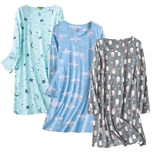 Inadays 3 Pack Women's Cotton Nightgowns Long Sleeves Fun Print Sleepwear