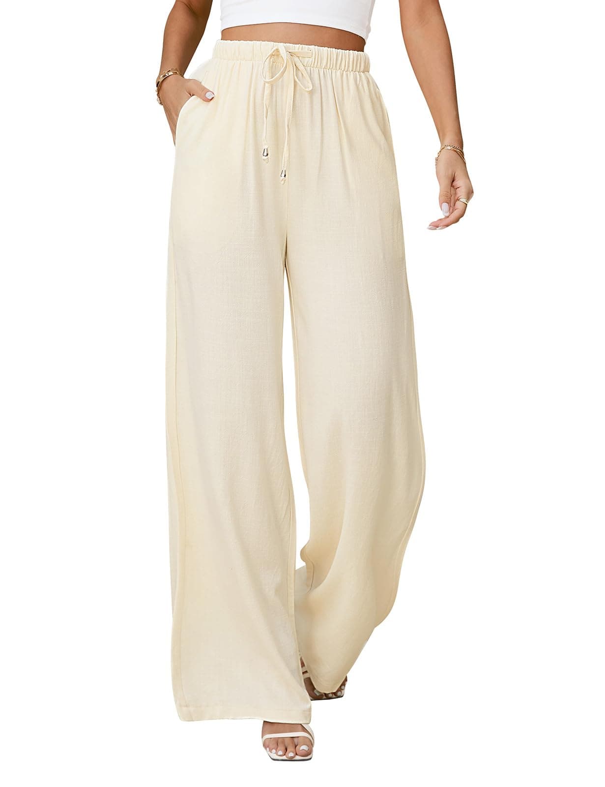 Jyanl Women's Casual Linen Wide Leg Drawstring Pants